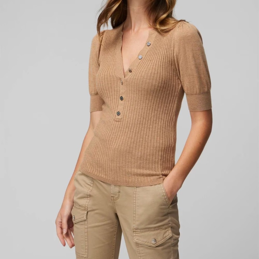 Tan Ribbed Button-Up Sweater Top - Picture 3 of 4